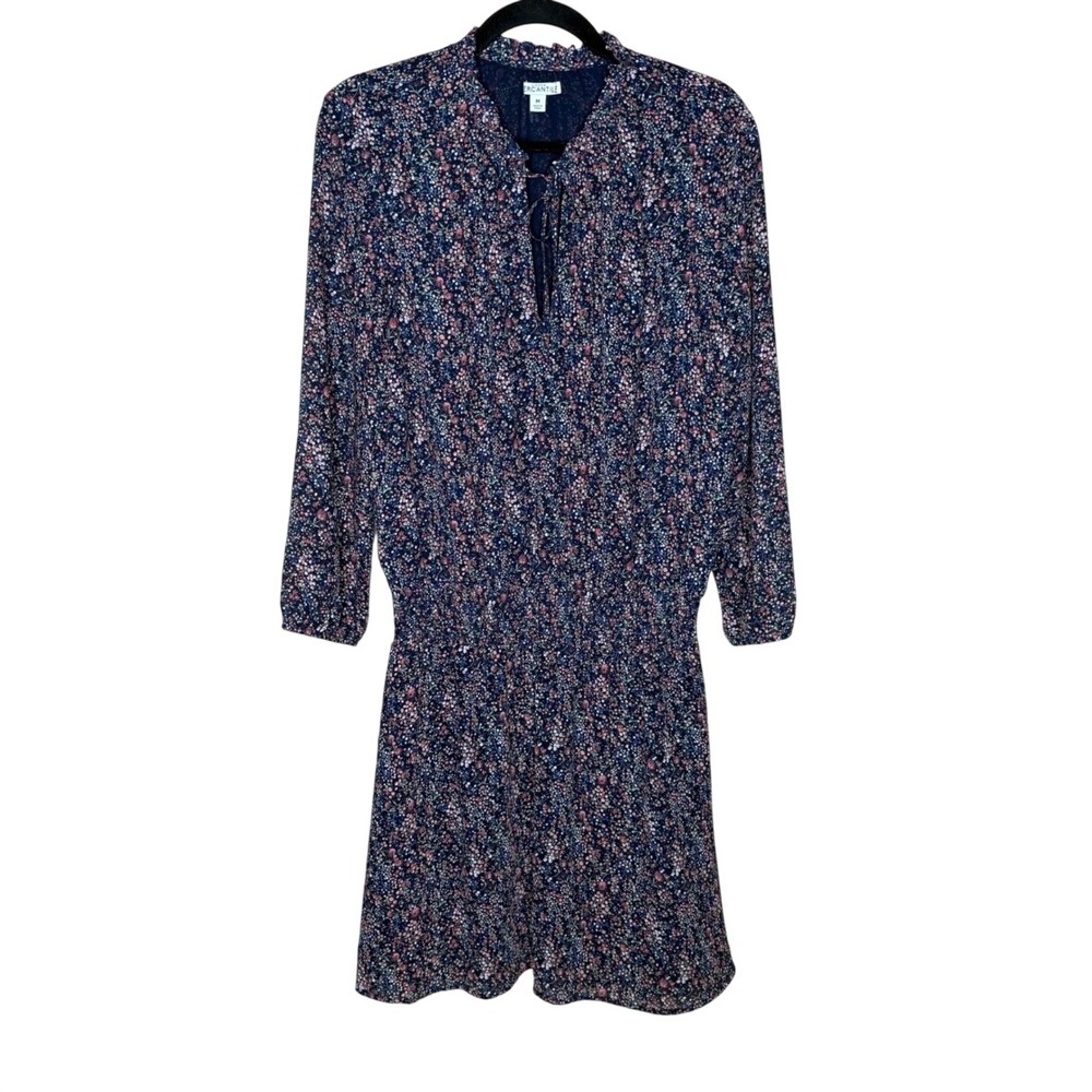 J.Crew Mercantile Dress M Navy Floral Ditsy Ruffle Tie Neck Smocked Waist Midi